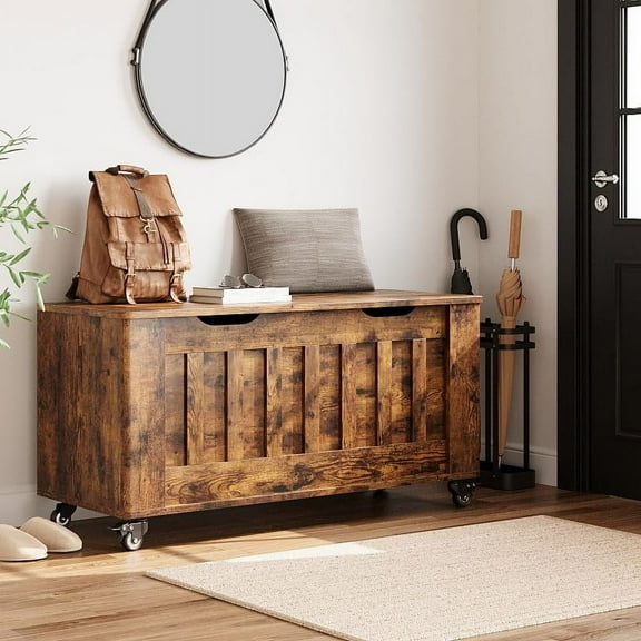 Roromall Storage Chest, Storage Bench with 4 Wheels, 39.4" Wooden Blanket Chest with 2 Safety Hinges, Round Corner, Supports 350 lbs