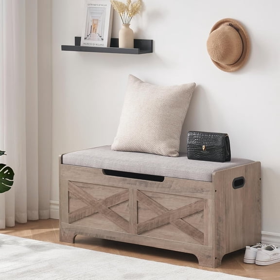 Roromall Storage Chest, Wooden Storage Trunk with Metal Frame, Entryway Shoes Bench with Cushion, Large Storage Organizer, 39.4" Lift-Top Storage Chest with 2 Hinges for Bedroom, Living Room