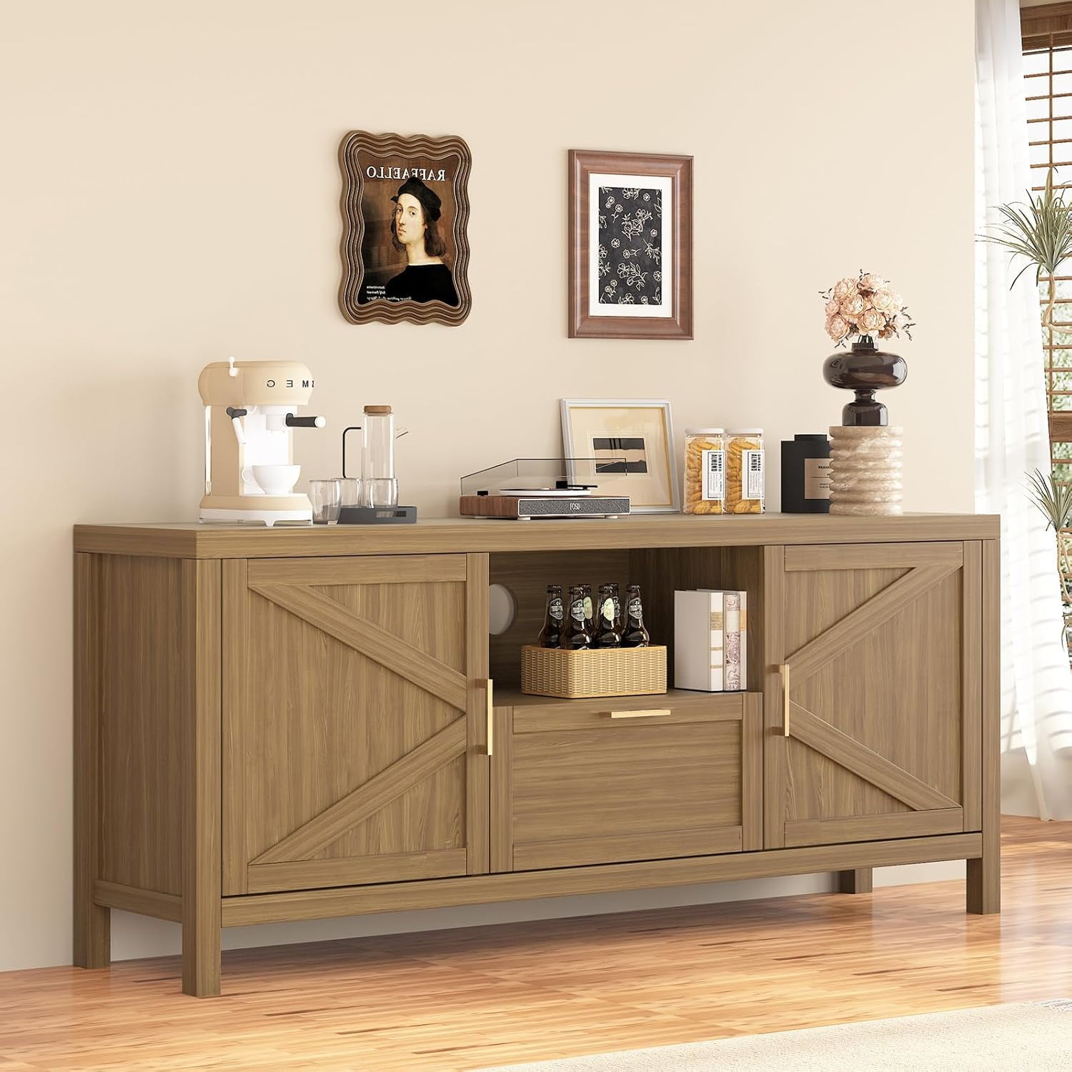 Walnut Brown Farmhouse TV Stand with Storage Cabinets