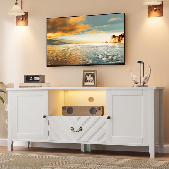 Roromall TV Stands for 65" TVs, Entertainment Center with LED Light, TV Console Table with 2 Door and 1 Drawer, V-Shaped TV Table for Living Room Bedroom