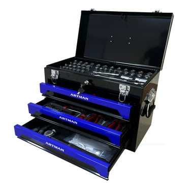 Roromall Tool Box with Tool Set 3 Drawers Metal Toolbox Portable Tool Chest Organizer with Locking Key for Garage Workshop