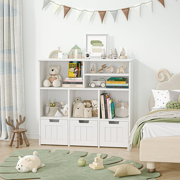 Roromall Toy Storage Cabinet with 3 Movable Drawers 6-Cubby Kids Bookcase Floor Storage Organizer with Hidden Wheels & Large Open Bookshelf for Playroom, Nursery School, White