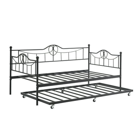 Roromall Twin Daybed with Trundle, Modern Day Bed Frame with Headboard, Metal Daybed with Sturdy Slat Support, Easy Assemble, for Small Spaces, Living Room, Guest Room