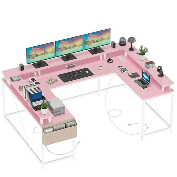 Roromall U Shaped Desk, 79" Corner Office Desk with Monitor Stands, Reversible L Shaped Computer Gaming Desk with Power Outlets & LED Lights, U Shaped Gaming Desk