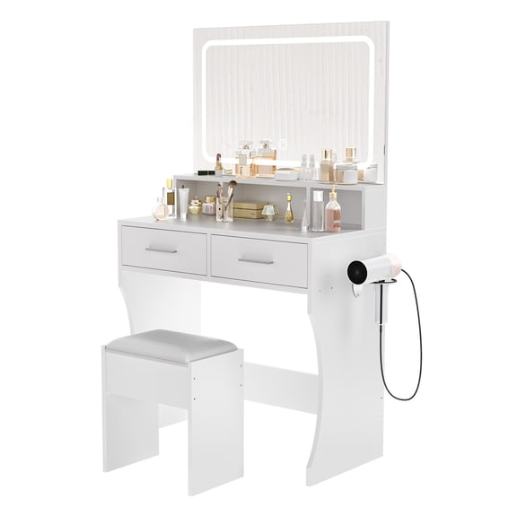 Roromall Vanity Desk with LED Lights Mirror and Power Outlet, 3 Lighting Modes and Adjustable Brightness, Makeup Table Set with Storage Drawers and Chair for Women Girls Bedroom
