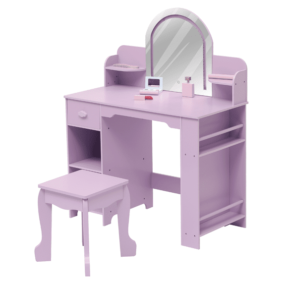 Roromall Vanity with Lighted Mirror, 2 in 1 Vanity Table & Stool, Makeup with Bookshelf, Drawer & Open Shelves for 3-9 Yrs Girls