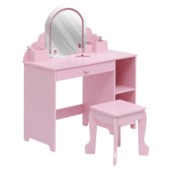 Roromall Vanity with Lighted Mirror & Stool, Little Girl Vanity with Adjustable LED Light, Storage Drawer & Shelves for Girls 3-9
