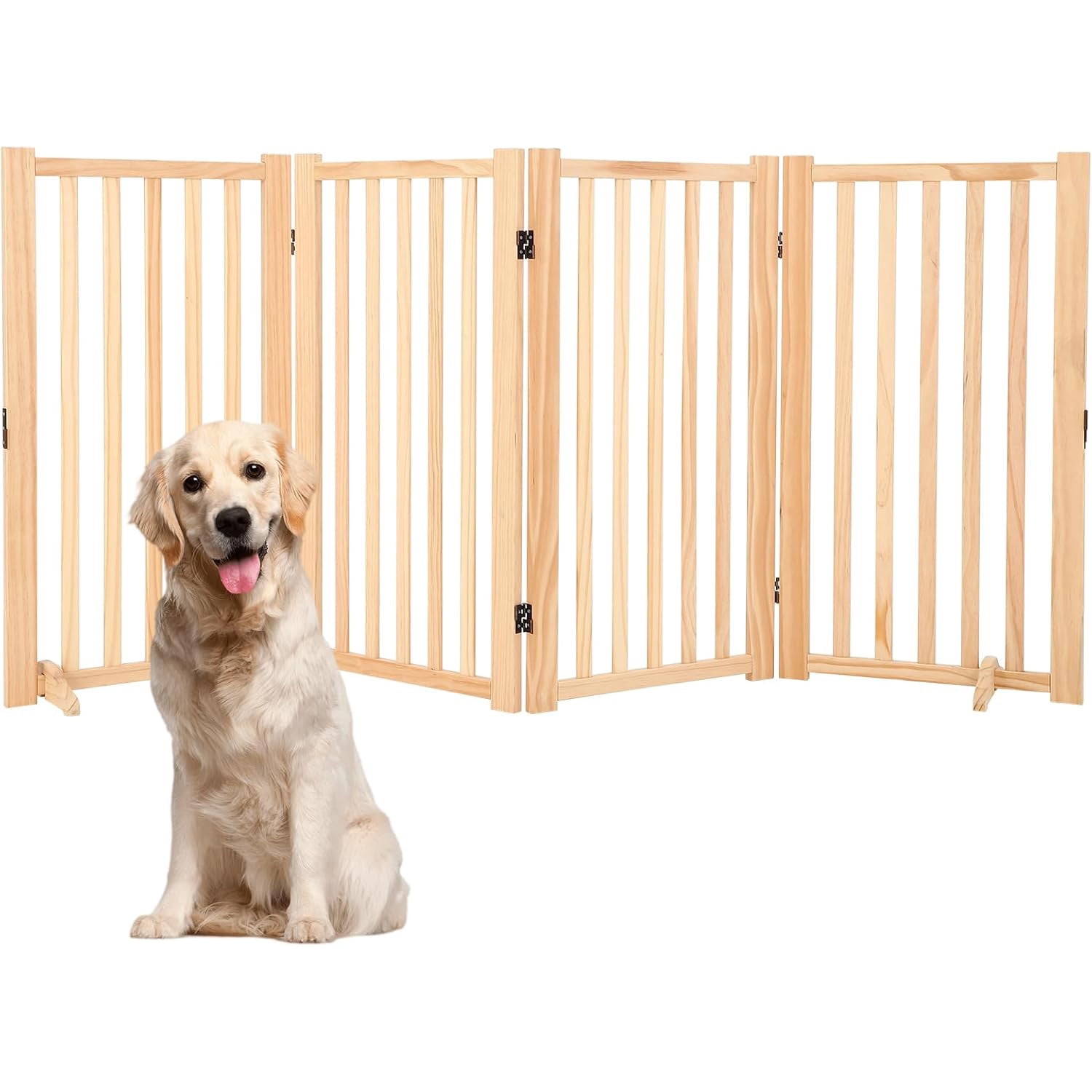 Roromall Wooden Freestanding Dog Gate, Foldable Pet Gate with Support Feet, Indoor Dog Fence for House, Doorways, Stairs, Expandable Pet Fence -4 Panel, 36"H