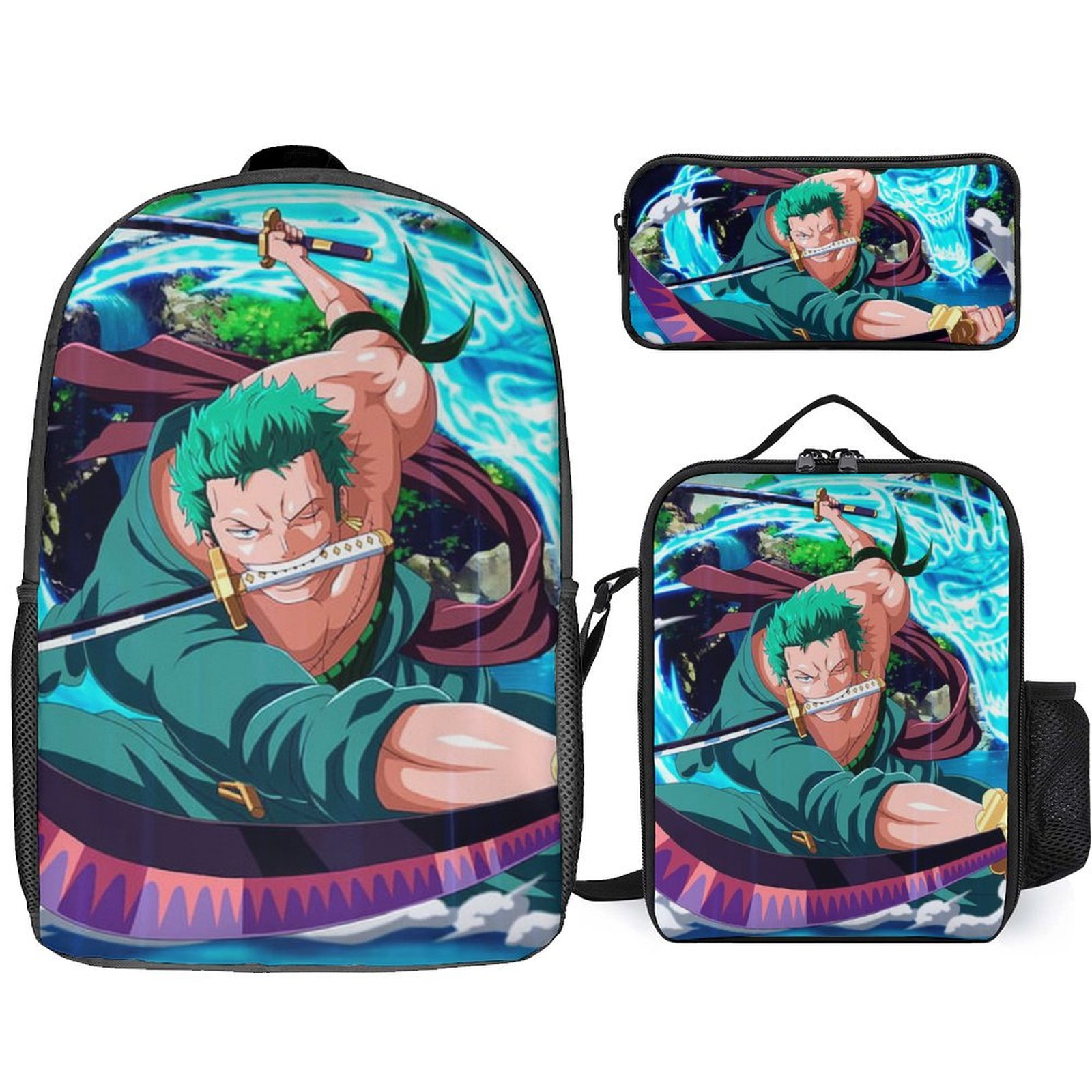Roronoa Zoro 3 Piece Backpack Set with Lunch Bag Pencil Case, High ...