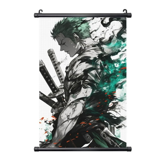 Roronoa Zoro Hanging Poster, Black Plastic Shaft Wall Hanging Posters Scroll Hanger, Canvas Artwork Wall Art Painting Decor for Living Room Bedroom Office 16"X24"