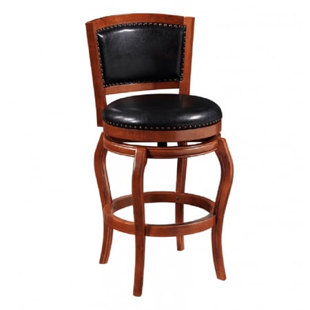Rory 29 Inch 360-Degree Swivel Barstool, Wood, Bonded Leather, Cherry Brown - Saltoro Sherpi