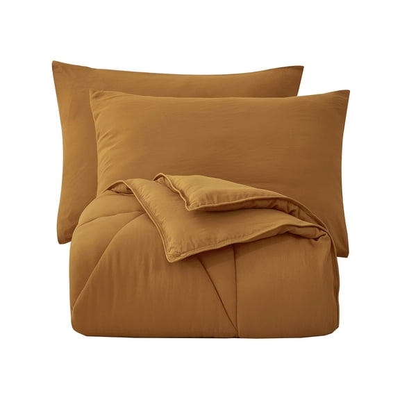 Rory Quilted Comforter Set Queen Size, 3PC Triangle Design Stone Washed Soft Fabric, Spice