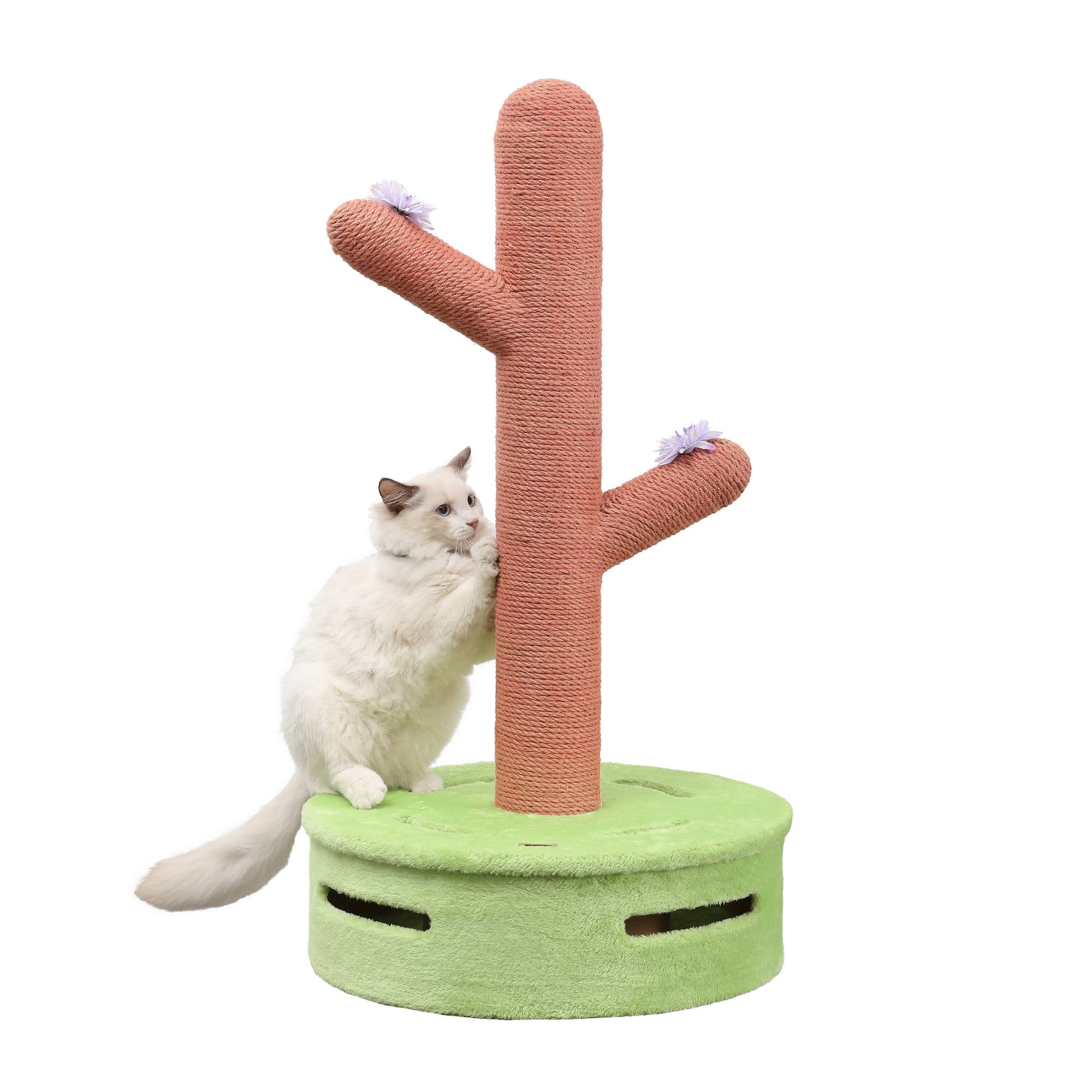 Rosa 36" Pink and Green Jute Cactus Cat Scratching Post with Flower Toys