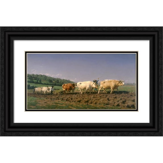 Rosa Bonheur 14x9 Black Ornate Wood Framed Double Matted Museum Art Print Titled: Ploughing in Nevers (1849)