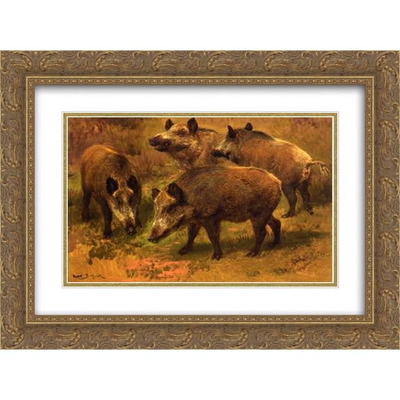 Rosa Bonheur 2x Matted 24x20 Gold Ornate Framed Art Print 'Four Boars in a Landscape'