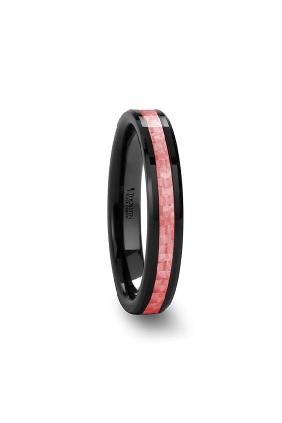 Rosa Womens Beveled Black Ceramic Ring With Pink Carbon Fiber Inlay
