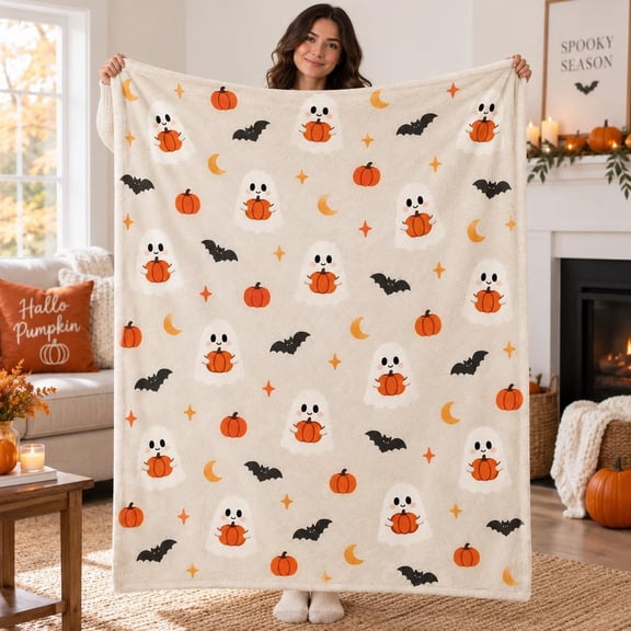 RosaHome Cute Ghost Pumpkin Flannel Blanket Halloween Pattern Throw
