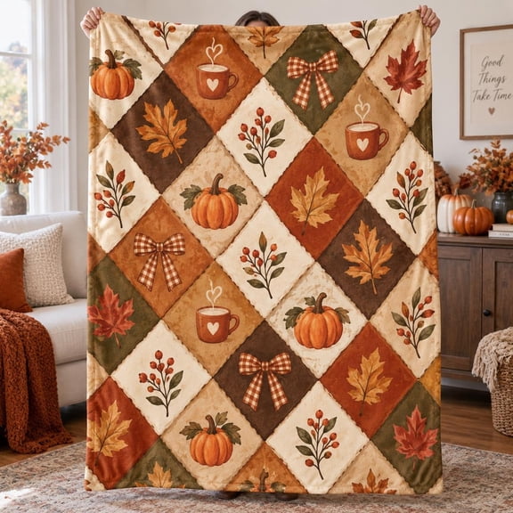 RosaHome Fall Pumpkin Patchwork Flannel Blanket Cozy Autumn Throw