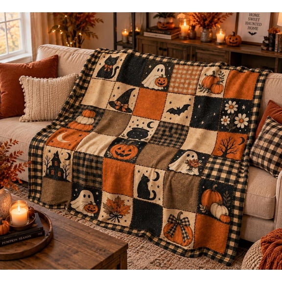 RosaHome Farmhouse Halloween Patchwork Flannel Blanket Plaid Pumpkin