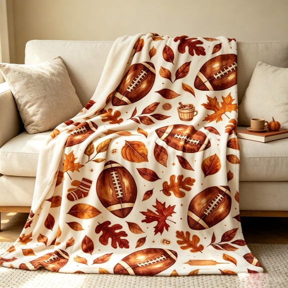 RosaHome Football Autumn Leaves Flannel Blanket Fall Game Day Cozy Throw