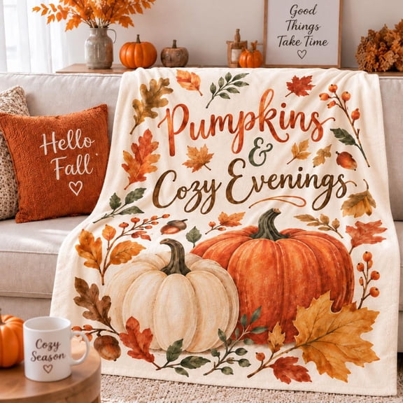 RosaHome Pumpkins Cozy Evenings Flannel Blanket Fall Autumn Leaf Throw