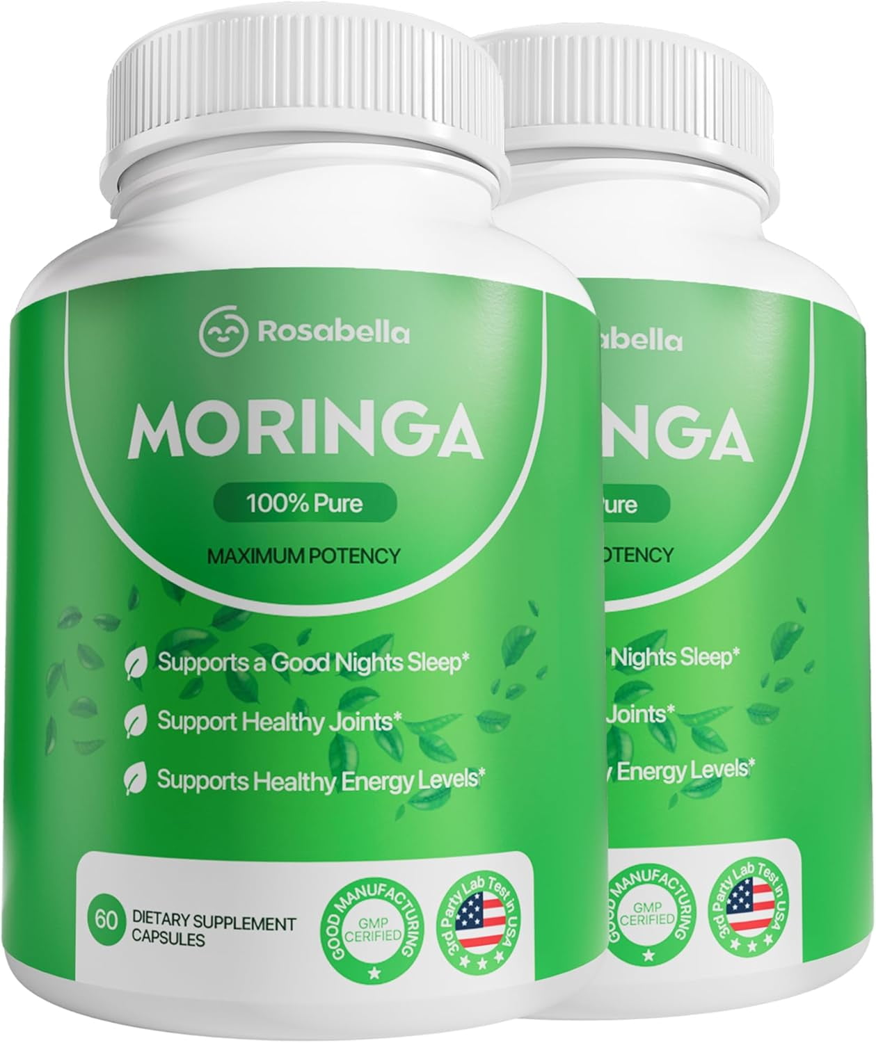 Rosabella Moringa Capsules - Pure Moringa Powder, Energy, Skin, Immune & Gut Health Superfood, Rich in Antioxidants, Essential Vitamins & Amino Acids, Natural Green Superfood Supplement - 60 Count