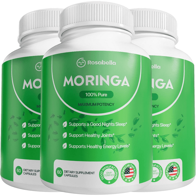 Rosabella Moringa Capsules - Pure Moringa Powder, Energy, Skin, Immune & Gut Health Superfood, Rich in Antioxidants, Essential Vitamins & Amino Acids, Natural Green Superfood Supplement - 60 Count