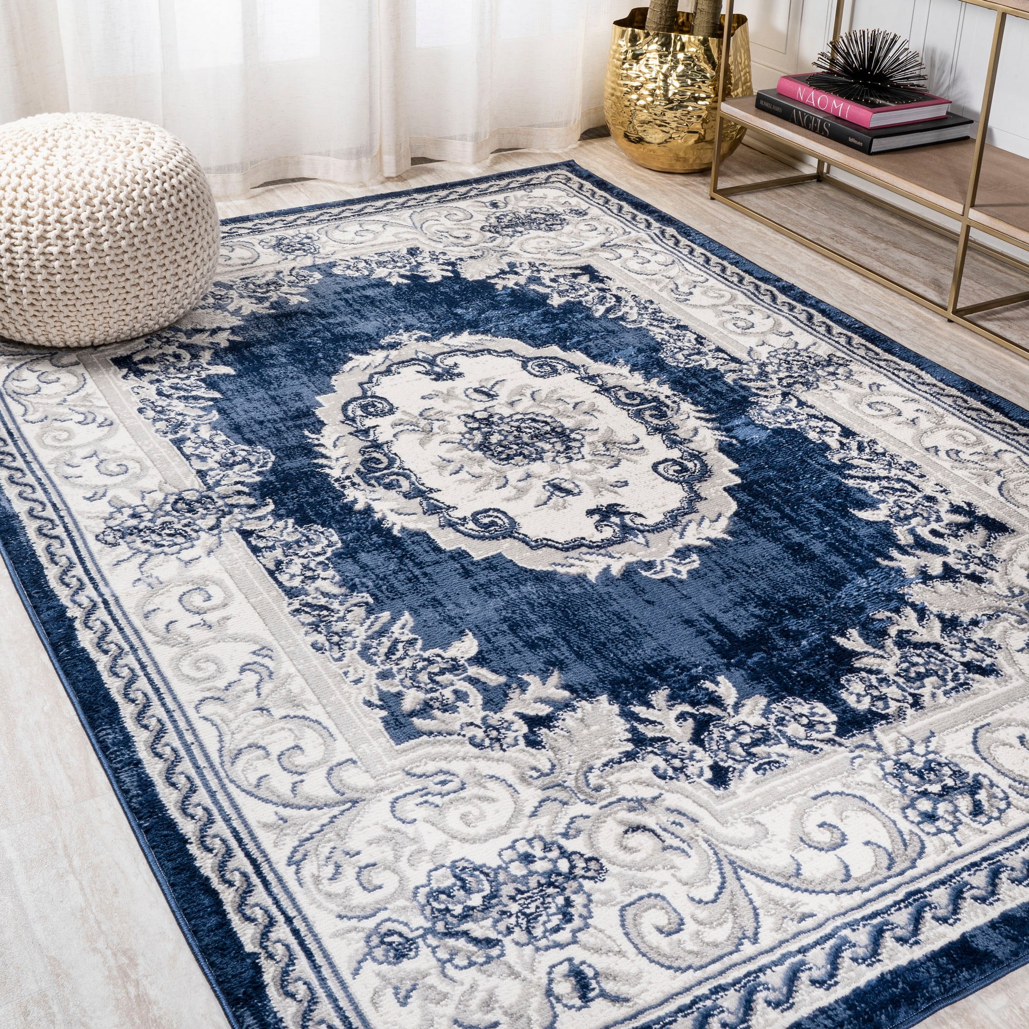 Rosalia Ivory and Navy Medallion 3x5 Area Rug