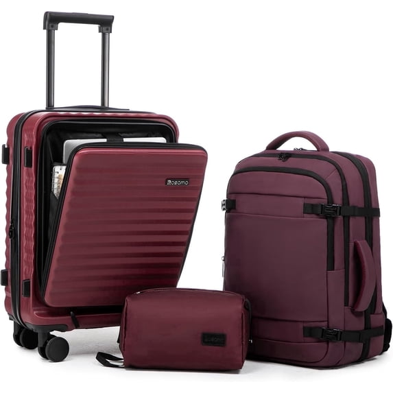 Rosamo 3-Piece Luggage Set, 20" Front Open Carry-on Hardside Suitcase with Spinner Wheels, Travel Backpack & Toiletry Bag,Expandable Luggage for Business & Trips,Red