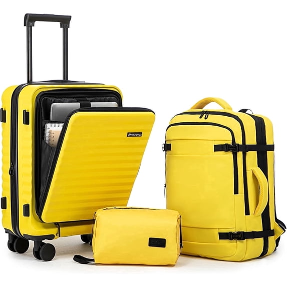 Rosamo 3-Piece Luggage Set, 20" Front Open Carry-on Hardside Suitcase with Spinner Wheels, Travel Backpack & Toiletry Bag,Expandable Luggage for Business & Trips,Yellow