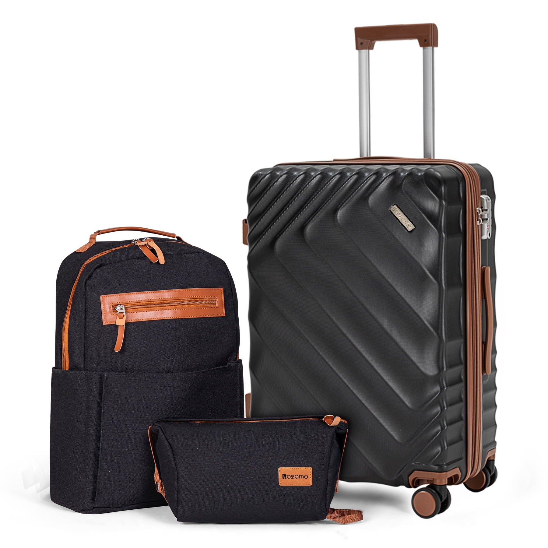 Rosamo 3-Piece 20 inch Hardside Luggage Set, Carry on Suitcase with Spinner Wheels & TSA Lock, Travel Backpack with USB & Type-C Charging Port, Toiletry Bag, Black