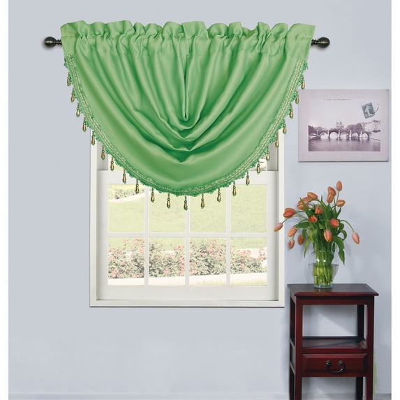 Rosario Rod Pocket Window Room Darkening Waterfall Valance with Beads, Green, 48x37 Inches