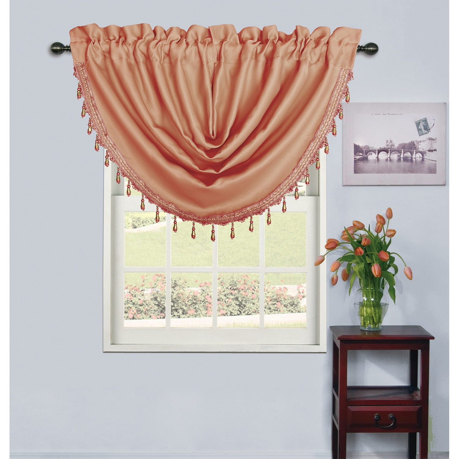 Rosario Rod Pocket Window Room Darkening Waterfall Valance with Beads ...