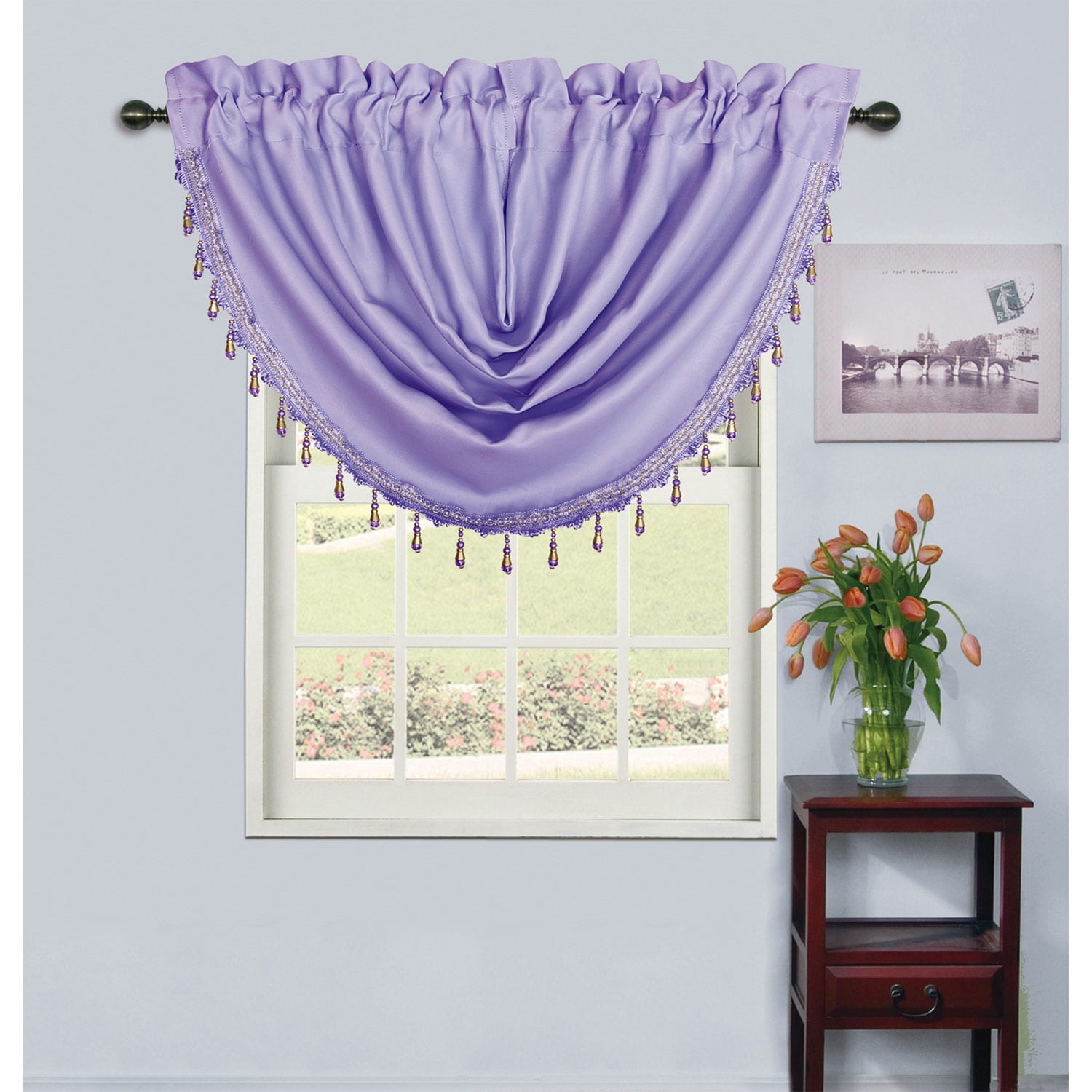 Rosario Rod Pocket Window Room Darkening Waterfall Valance with Beads