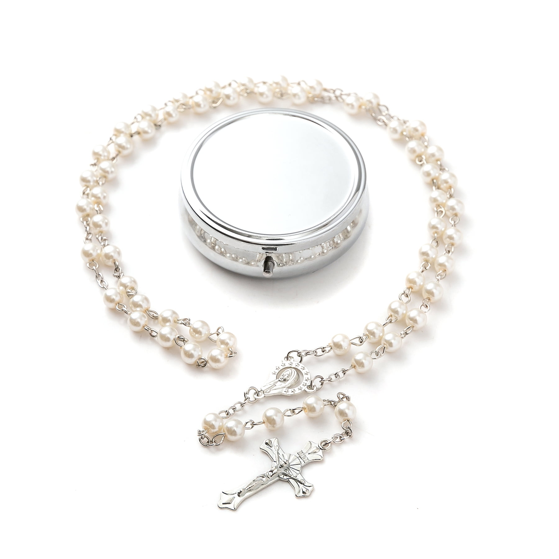 Rosary Beads Catholic - Confirmation Gifts for Teenage Girl, Silver Simple Style Metal Gift Box, White Artificial Pearls Rosary, Gifts for Women, YQZIYOU