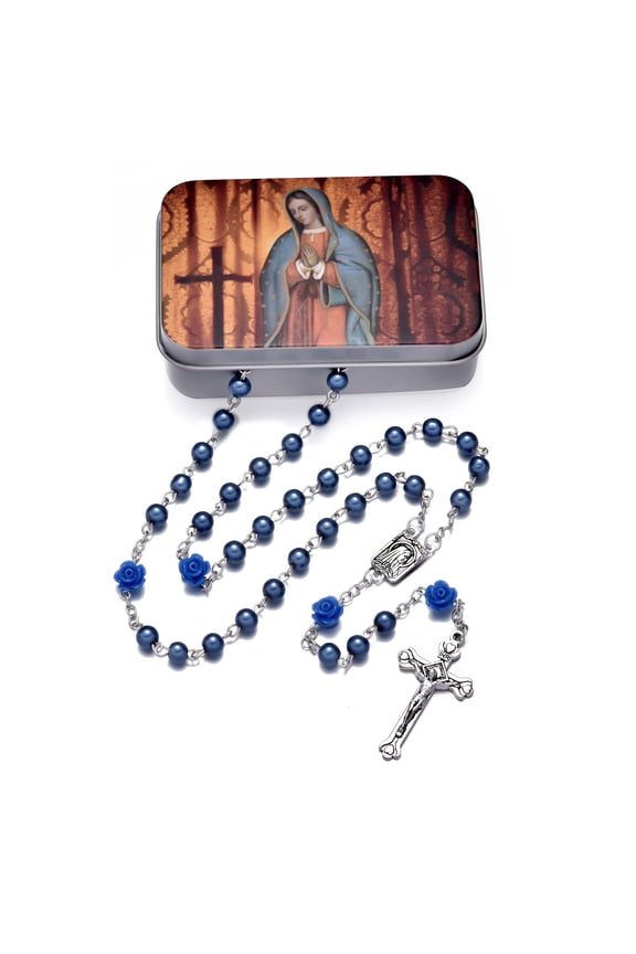Rosary Beads Catholic Necklace Holy Soil Medal Cross Crucifix with Metal Box-Blue