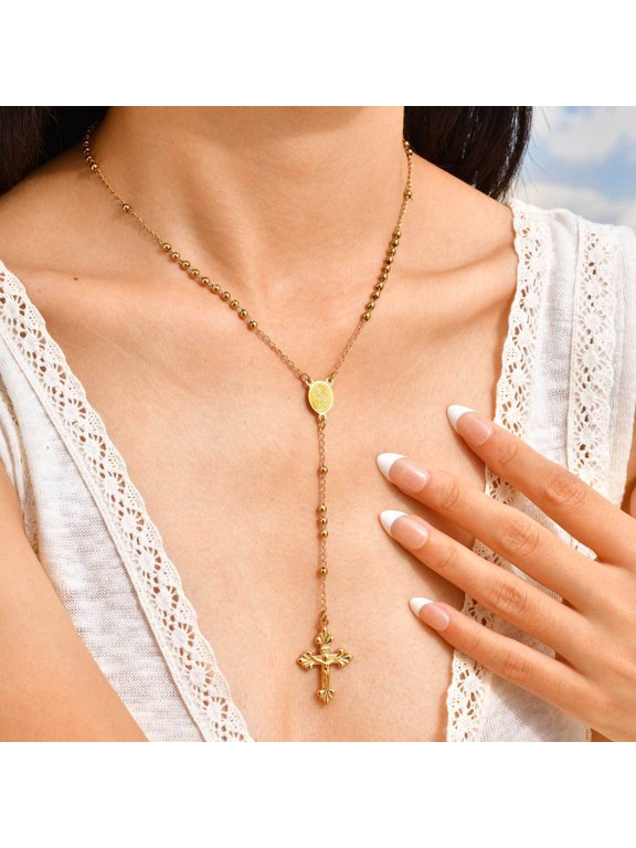 Rosary Cross Y Shape Motif Pendant Necklace for Women, 14K Gold Filled Polished Streamlined Durable Craft Jewelry