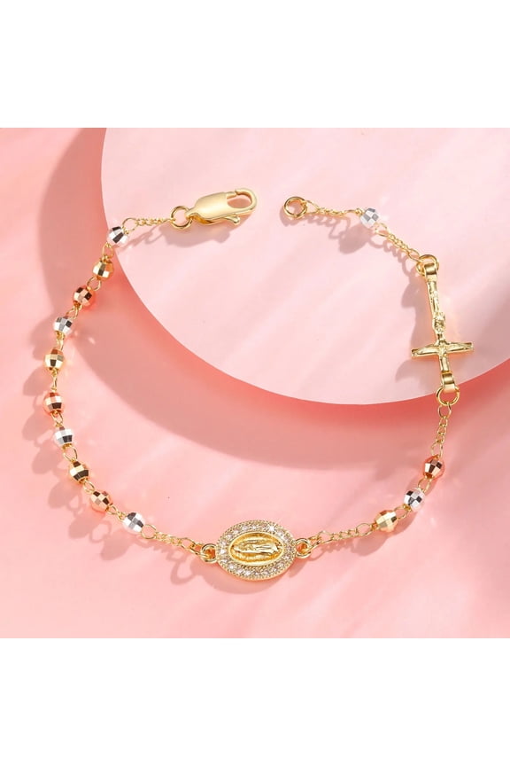 Rosary Beads Virgin Mary Cross 14K Gold Filled Bracelet for Women, Catholic Crucifix Baptism Confirmation Communion Fashion Jewelry