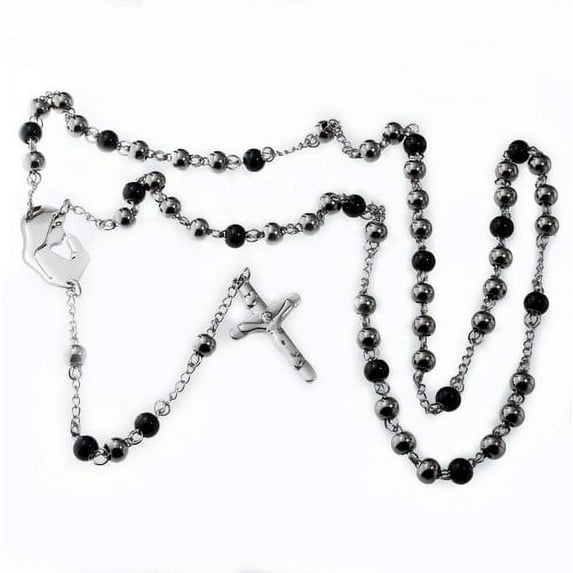Rosary Beads Y Stainless Steel Necklace, Black and White Beads