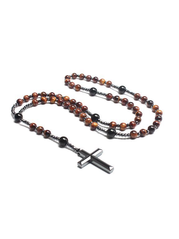 Rosary Black Bead Necklace, Saint Benedict, Catholic Rosary Beads, Metal Cross, Christian Gift