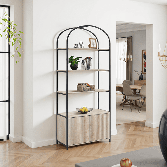 Rosary Blenn 71 Arched Bookshelf with Cabinet, 4-Tier Freestanding Metal Frame Bookcase with Engineered Wood Shelves,
