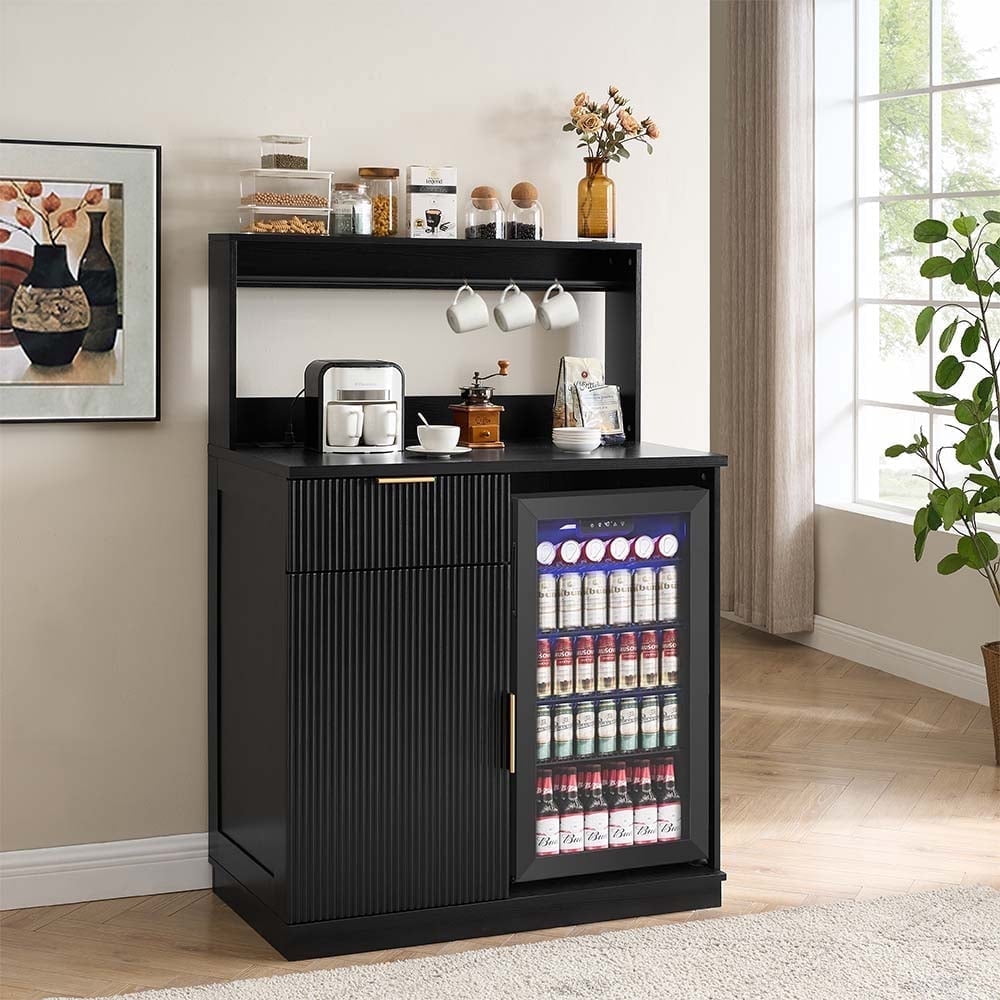 Rosary Blenn Coffee Bar Cabinet with Mini Fridge Space and Power Outlet, 39" Matte Black Wood Grain Finish Kitchen Cabinet with Drawer