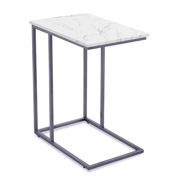 Rosary Blenn Large Size C Shaped Side Table End Table for Couch, Silver Side End Table with White Faux Marble Top