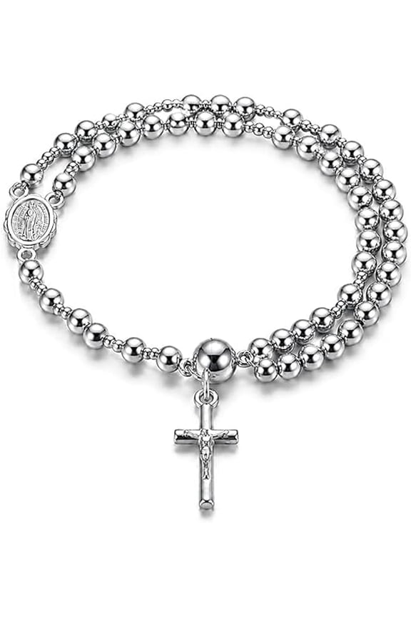 Rosary Bracelet with Magnetic Clasp, Catholic Wrist Rosary for Women, Handmade Christian Prayer Beads Chain with Cross Charm (Silver)Q