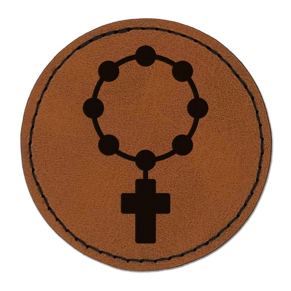 Rosary Catholic Symbol 2.5" Faux Leather Round Engraved Iron-On Patch - Brown