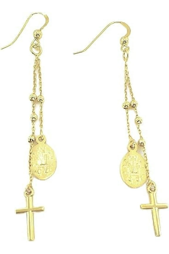 Rosary Gold Earrings long dangling Rosary earrings cross dangling earring Religious rosary earrings 18k Yellow Gold over sterling silver 925
