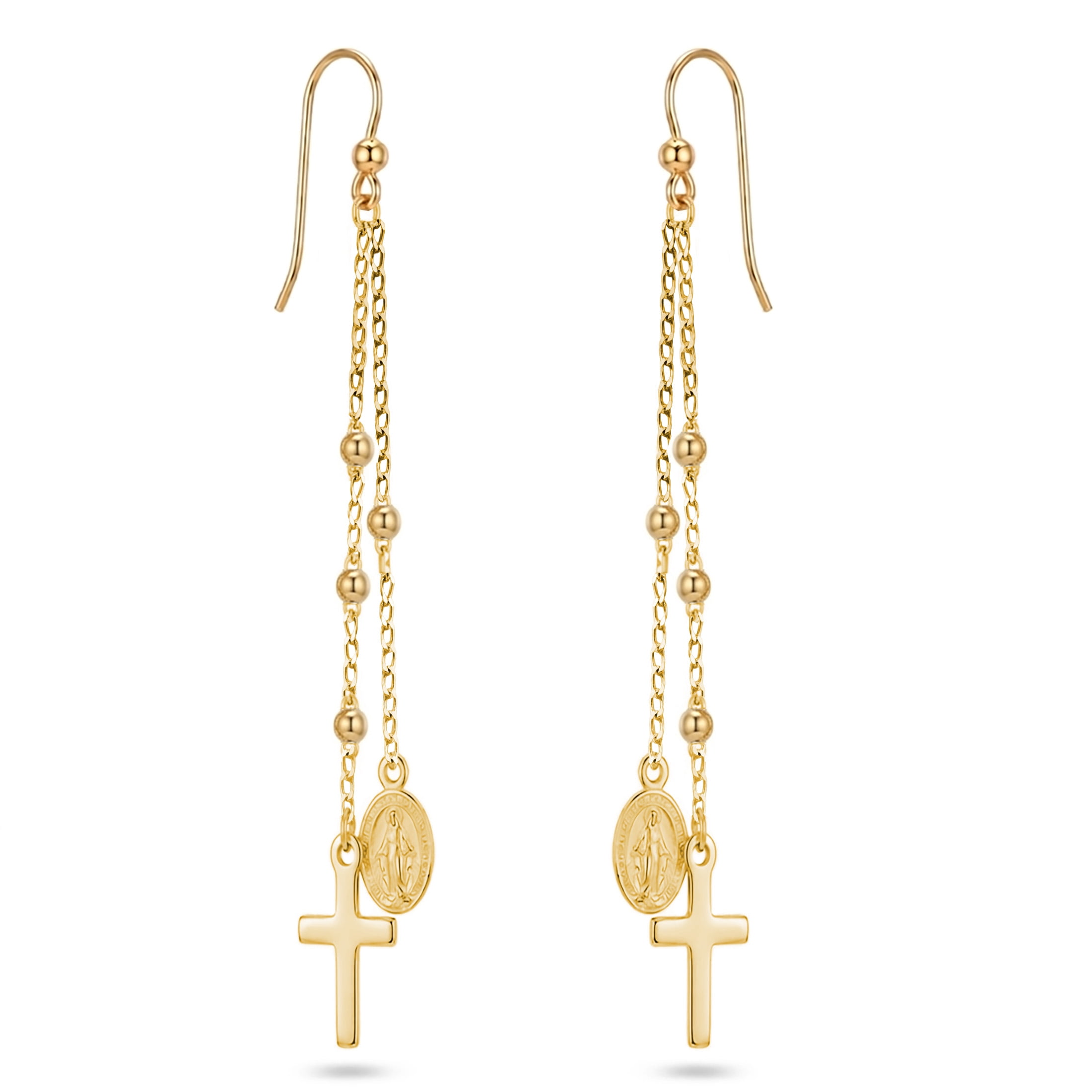 Rosary Gold Earrings long dangling Rosary earrings cross dangling earring Religious rosary earrings 18k Yellow Gold over sterling silver 925