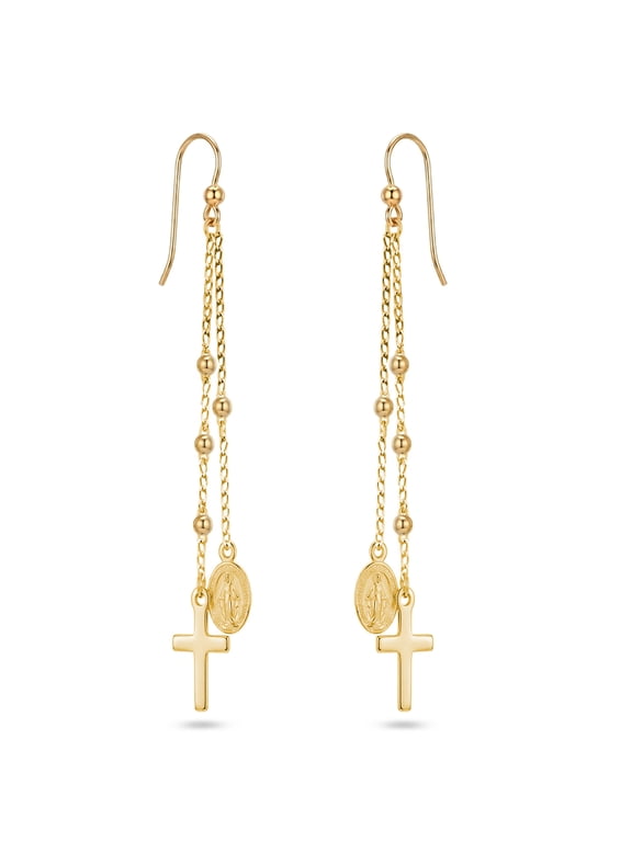 Rosary Gold Earrings long dangling Rosary earrings cross dangling earring Religious rosary earrings 18k Yellow Gold over sterling silver 925