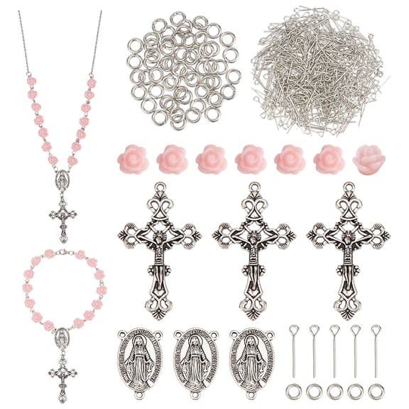 Rosary Making Supplies 446pcs Pink Rose Beads with Charms Rosary Prayer Making Supplies First Communion Necklace Set for Necklace Jewelry Making