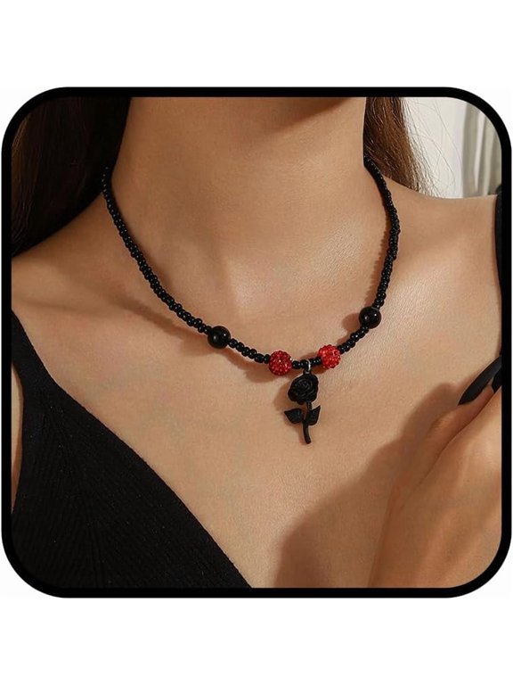 Rosary Necklace For Women, Black Bead Chain Necklaces With Black Rose Pendant Gothic Style Halloween Jewelry Gift